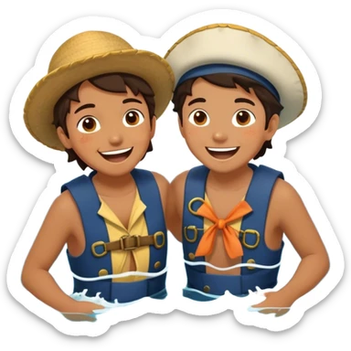 Two friends, dressed as seafaring explorers, splash each other in the ocean, laughing as their eyes lock in pure joy and appreciation. The sun glistens on the water, highlighting their deep connection and the simple happiness of the moment.  sticker