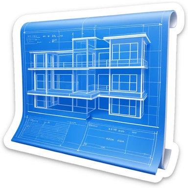 blue blueprint plan with white lines, side view sticker
