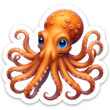 Cinematic Noble Octopus Portrait Emoji, Poised and enchanting, with a light orange body adorned with vibrant blue rings and eight delightfully curling arms with gentle suckers, large sparkling eyes exuding warmth and playfulness, Simplified yet charmingly expressive features, highly detailed, glowing with a soft, magical underwater radiance, high shine, intelligent and irresistibly cute, stylized with an air of whimsical marine enchantment, focused and fluid, soft glowing outline, capturing the essence of a watchful and endearing octopus that appears ready to float out of the screen with delightful charm! sticker