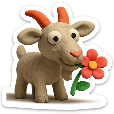 goat chewing on a flower, cute and whimsical, matte finish, claymation style sticker
