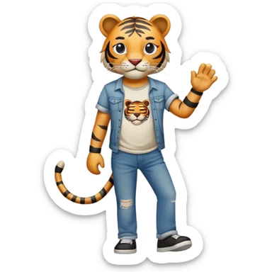 anthropomorphised tiger in a band t-shirt and jeans with an eye patch walking upright relaxed pose sticker