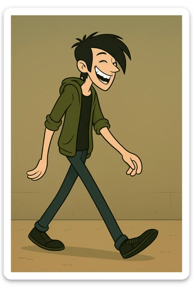 Make the tall, thin man with emo hair look much happier, with a big smile showing lots of teeth, keep the walking pose and style as in the original image. sticker