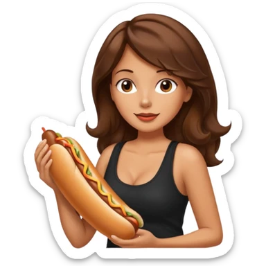 Medium length wavy Brown hair. Very Large boobs. Black tanktop. Side profile. Hot dog sticker