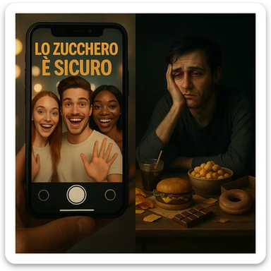 Symbolic split-screen scene: on the social influencer side, cheerful and energetic people say sugar is safe, vivid lights, Italian text 'LO ZUCCHERO È SICURO'; opposite side, a real person with signs of inflammation and fatigue surrounded by junk food, dark environment. Contrast between misinformation and reality, 4K quality. sticker