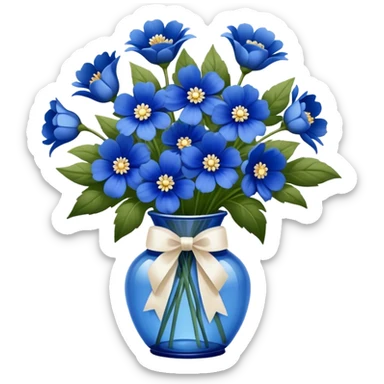 "A glass vase filled with deep blue flowers, tied with a soft ribbon, elegant and vintage-inspired." sticker