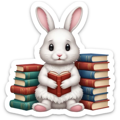 White rabbit sitting on 4 legs next to a stack of books consisting of 3 books sticker