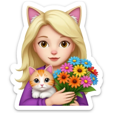woman holding bouqet and cat sticker