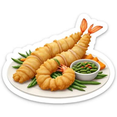 Cinematic Realistic Tempura Dish Emoji, depicted as lightly battered and fried seafood and vegetables rendered with delicate textures and crisp, inviting lighting. sticker