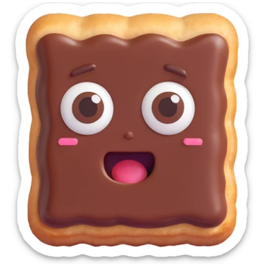 Rectangular chocolate mini pastry, slightly tilted, squished chocolate, crazy wide eyes, open mouth, text above: "ПАСТИЧКА", chibi style, Twitch emoji style, transparent background, colorful sticker