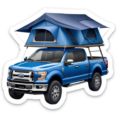 A blue Ford pickup truck with a dark blue roof tent on top sticker