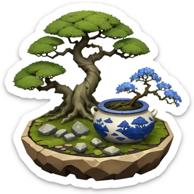 Alien landscape mudman very old broken cracked intricate Stone Age rocky-crusted irregular dodecagon-shaped shallow dark moss rough bark blue willow flowered maple tree bonsai pot sticker