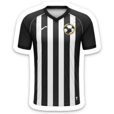 Soccer jersey emoji, cartoon emoji style, front view, black football shirt with a bold vertical white stripe in the center, clean and minimal design, no logo, no sponsor, short sleeves, black round collar, sticker