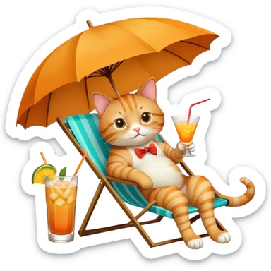 Cat relaxing on a beach chair, sipping a mai tai cocktail with umbrella sticker