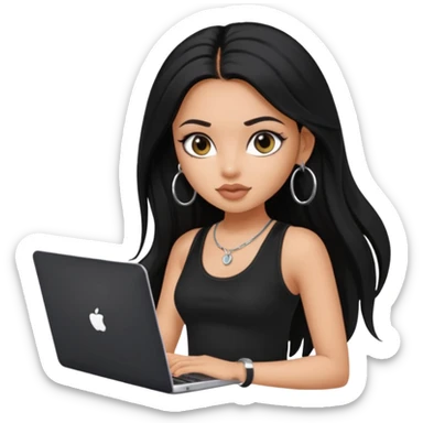 a pretty bratz dusky girl with long black hair, kajal under eyes, small silver hoop. black tank top on. laptop in hand sticker