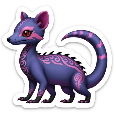 Rare warm-colored exotic gloomy tropical edgy cute epic aesthetic spooky indigo violet white black red gothic colorful Salandit-Salazzle-Civet-species-Fakemon-hybrid-creature, with tribal tattoo markings, full body sticker