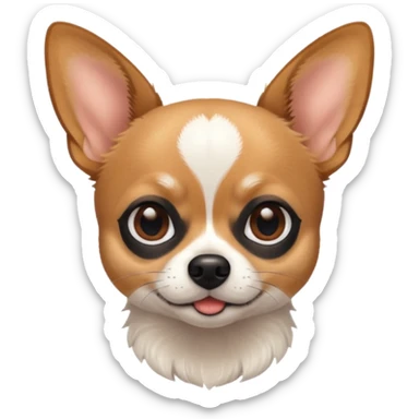 Chihuahua with white black fur on the forehead and a brown snout with a black nose sticker