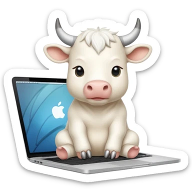 baby white bull sitting in front of a macbook, working  sticker