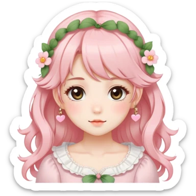 Gorgeous anime style lady with blushing face and accessories cottagecore fairycore Kawaii anime colorful pearly romantic aesthetic trending style sticker