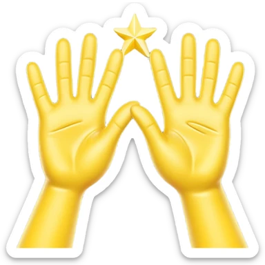 A 3D digital emoji of two yellow cartoon hands doing a joyful high five, palms clapping together in the air, with bright sparkles and motion lines to show excitement and celebration, Apple emoji style sticker