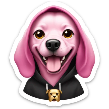 Pink dog wearing a black hoodie with a gold tooth sticker