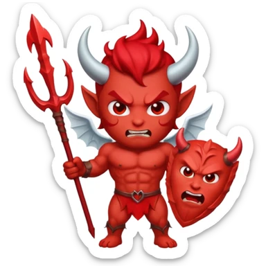 Emoji-style devil: red skin, horns, muscular body, red trident, angry face, same cute emoji style as the angel. sticker