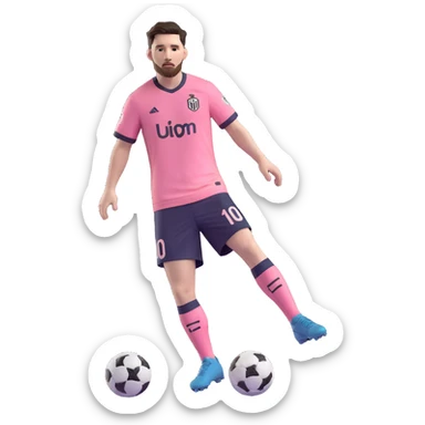 Lionel Messi wearing a pink Inter Miami soccer jersey, full body, dynamic pose, detailed facial features, soccer ball at his feet sticker