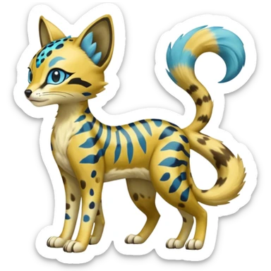 Colorful Golden Gold Shiny Meloetta-Sergal-Vernid-Serval-Civet-Genet-Pokémon-Digimon-Fakémon-fusion-hybrid-creature with Cyan stripes and blue leopard-spot-markings  sticker