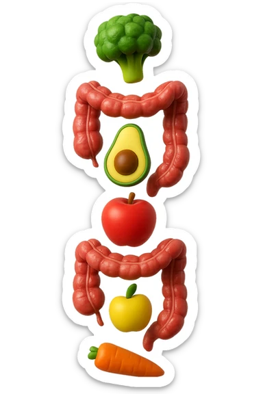 emoji stile iphone in 3d di cibo sano che fluttua in aria vericalmente insieme a pezzi di colon umano anatomico, iperrealistico 4k sticker