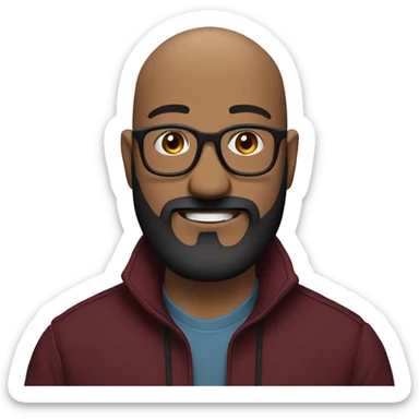 Tilted face, Bald man smiling with glasses and a big, bushy black beard. Wearing a maroon jacket sticker