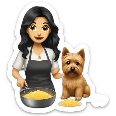 gal black hair cooking risotto with Norwich terrier sticker