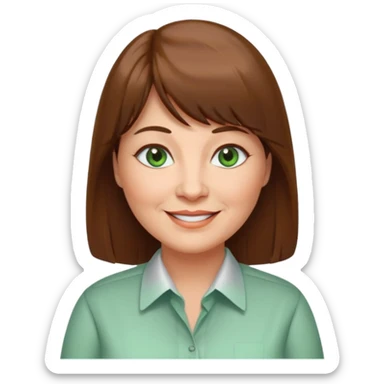 60 yr old woman, green eyes, long straight hair, business shirt, chubby, bangs sticker