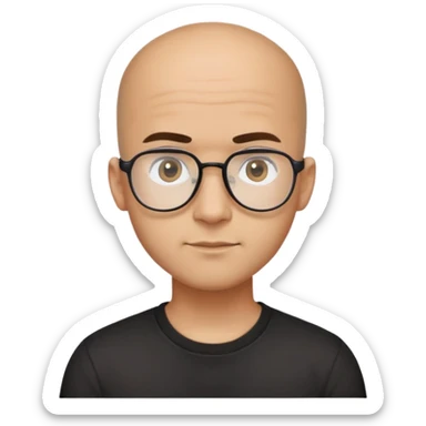 Latino man with small oval face and big forehead, aviator-style glasses, completely bald/shaved sides with very short curly dark hair only on top of head, neutral-friendly expression, light brown skin, wearing a black t-shirt sticker