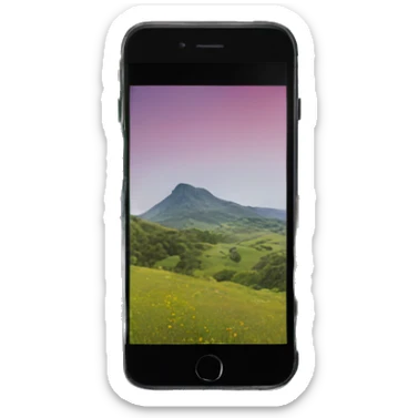 A hand holding a cell phone to take a photo of a landscape sticker