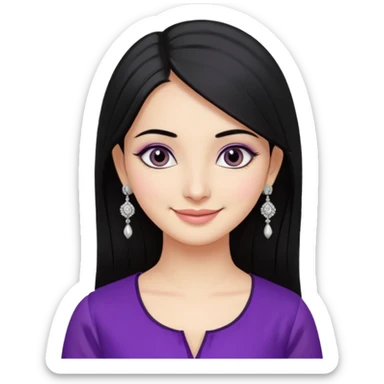a pretty bratz girl with straight black hair, wearing a purple kurti, silver jhumkas, eyeliner, carrying momos sticker