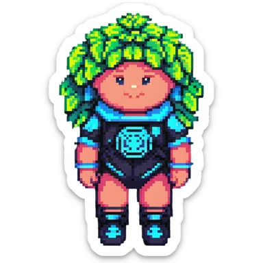 Cabbage Patch Kid as Tron character in 80's pixel art arcade style with vibrant neon colors sticker