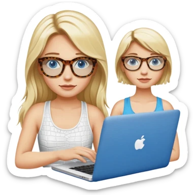 long blonde hair woman blue eyes with tortoise shell print glasses wearing white tank top on mac book with a white crocodile patterns laptop case  sticker