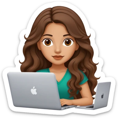 beautiful girl , with long brown hair, wavy hair, Mexican , with laptop sticker