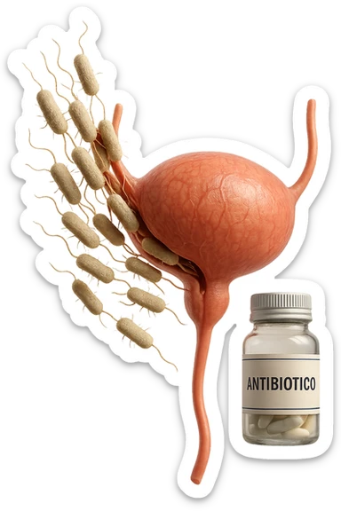 batteri intestinali che migrano ed entrano in una vescica anatomica realistica per infettarla, davanti a lei fluttua una boccetta con la scritta "ANTIBIOTICO", iperrealistico 4k sticker