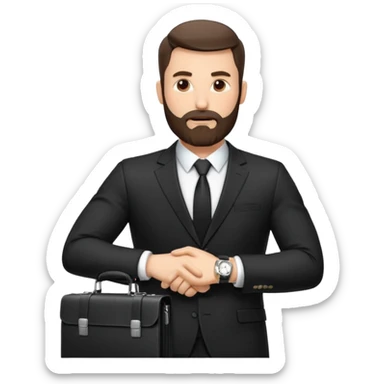 A handsome man, 40+ years old, with a thick beard in a black suit, fair skin, short stylish haircut, full-length photo, wearing an expensive watch, unusual pose, holding a briefcase, pumped up, super realistic emoji sticker