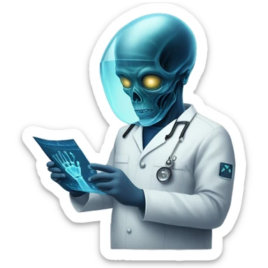 Man in navy scrubs looking at an alien X-ray  sticker