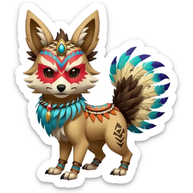 Furry cute colorful exotic tribal feral anime-styled Fakémon-Pokémon-animal-creature with a wolf-skull-head-mask-face, and colorful feathers around neck, with long furry ears, long furry tail, 4 legs, (full body), with intricate pattern-markings sticker