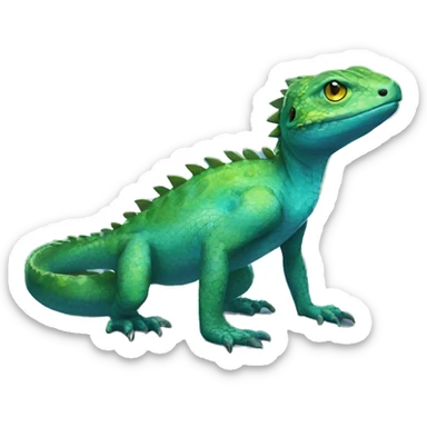 A Cyan Shiny Glossy Anthro-Scalie-Lizard-Reptile-Salamandrian-Fakémon with dark-blue patterns and light-green belly Full Body sticker