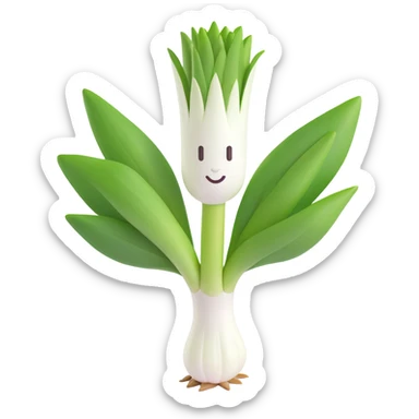 single fresh leek, white stalk fading to green leaves, leaves tidy and curved, root end with fine roots, clean and moist, 3D emoji style, minimal, soft shadows, no face, transparent background, emoji scale sticker