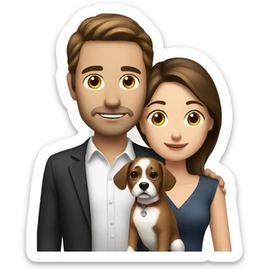 Brunette husband and wife with small white and brown dog sticker