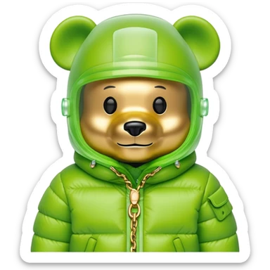 bearbrick with lime green balaclava that has built-in panoramic visor lens directly in eye area, single continuous shield integrated into the mask, not separate glasses, puffy jacket with fur, gold chains sticker