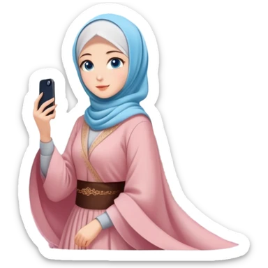 Turkish beautiful finish Konya girls blue eyes with lovely cherry blossom hijab long tail dress and she takes photo from sky sticker