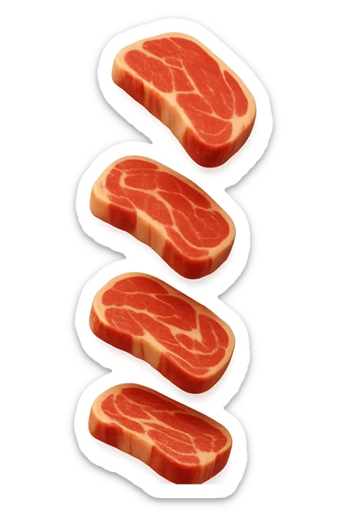 emoji stile iphone in 3d di fette di carne che cadono verticalmente dall'alto, iperrealistico 4k sticker