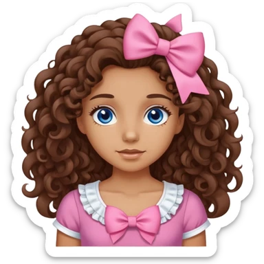 A girl with brown long curly hair, dark blue eyes and with a pink top with a white bow sticker