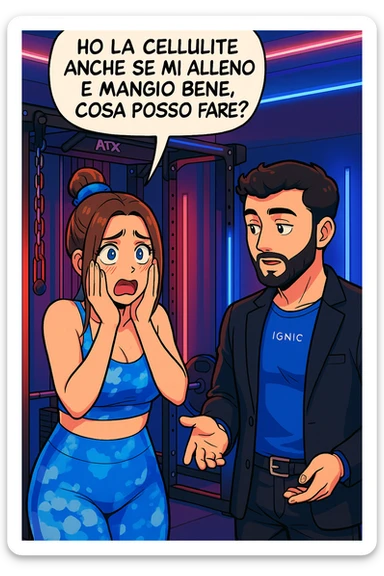 TRASFORMA QUESTO CAROSELLO IN UN FUMETTO STILE WEBTOON/MANGA A COLORI CON QUESTE DUE PERSONE IDENTICHE CHE INTERLOQUISCONO TRA LORO, LA DONNA è DISPERATA CON LE MANI SULLE GUANCE E STA DOMANDANDO TUTTA AGITATA UNA COSA ALL'UOMO:

LEI (DONNA): Ho la cellulite anche se mi alleno e mangio bene, cosa posso fare? sticker