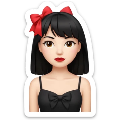 emoji feminino branca com cabelo longo, preto, liso e com franja. olhos castanhos. no rosto maquiagem com blush, cílios, delineador e batom vermelho. usando uma blusa preta com alças finas e um laço branco de cada lado sticker